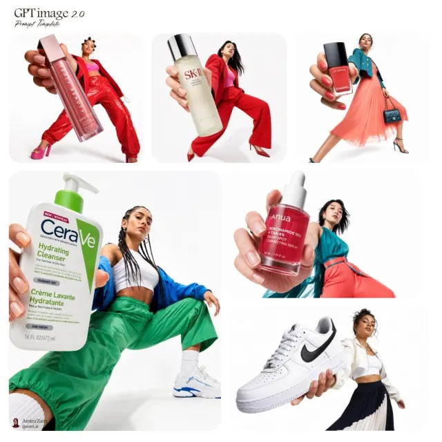 Model holding a perfume bottle in a low-angle studio campaign