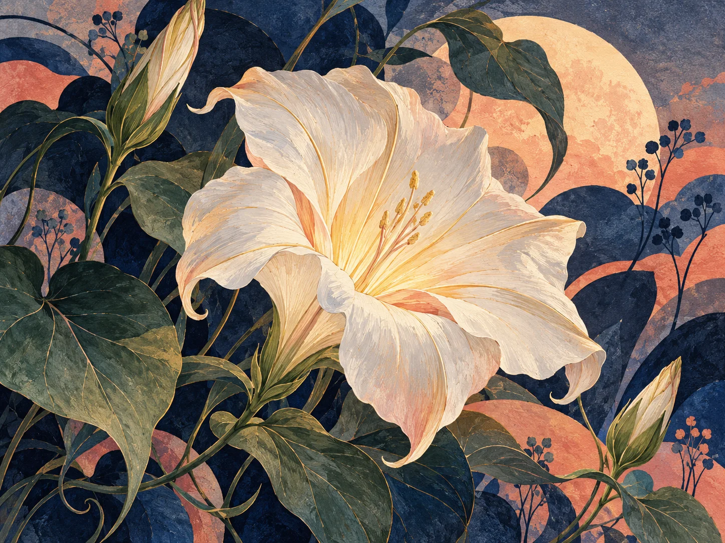 Original art concept combining layered botanical forms, ink texture, and a muted coral and indigo palette