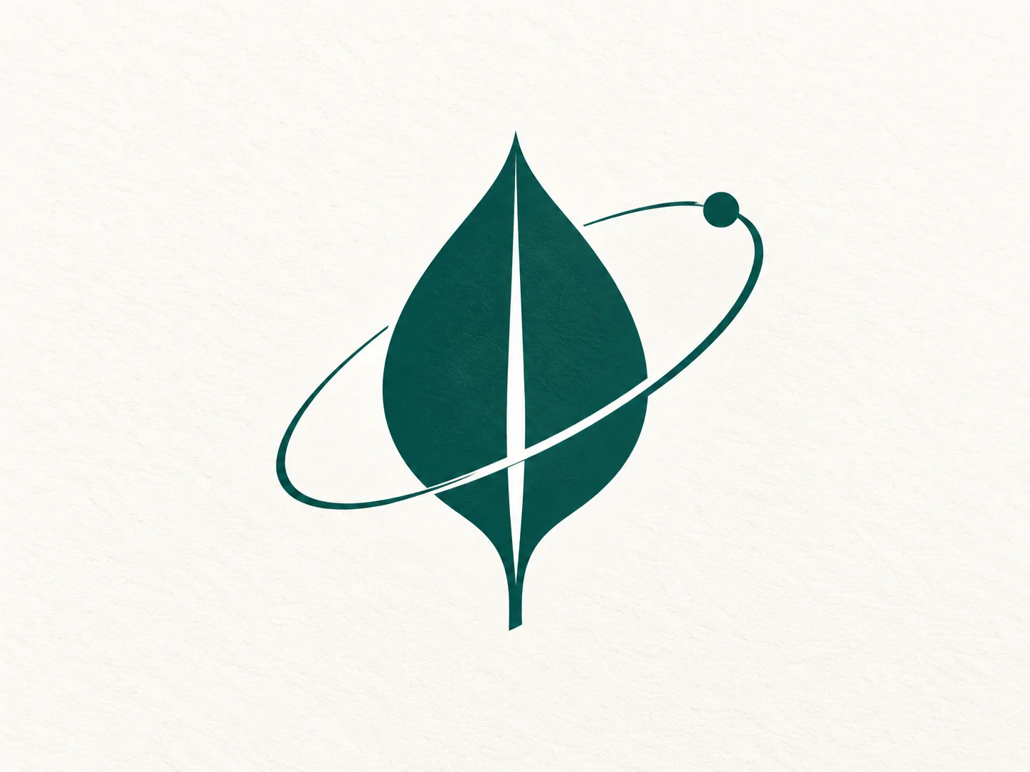Minimal abstract logo concept board with geometric leaf and orbit symbols in dark teal on a warm white background, without lettering