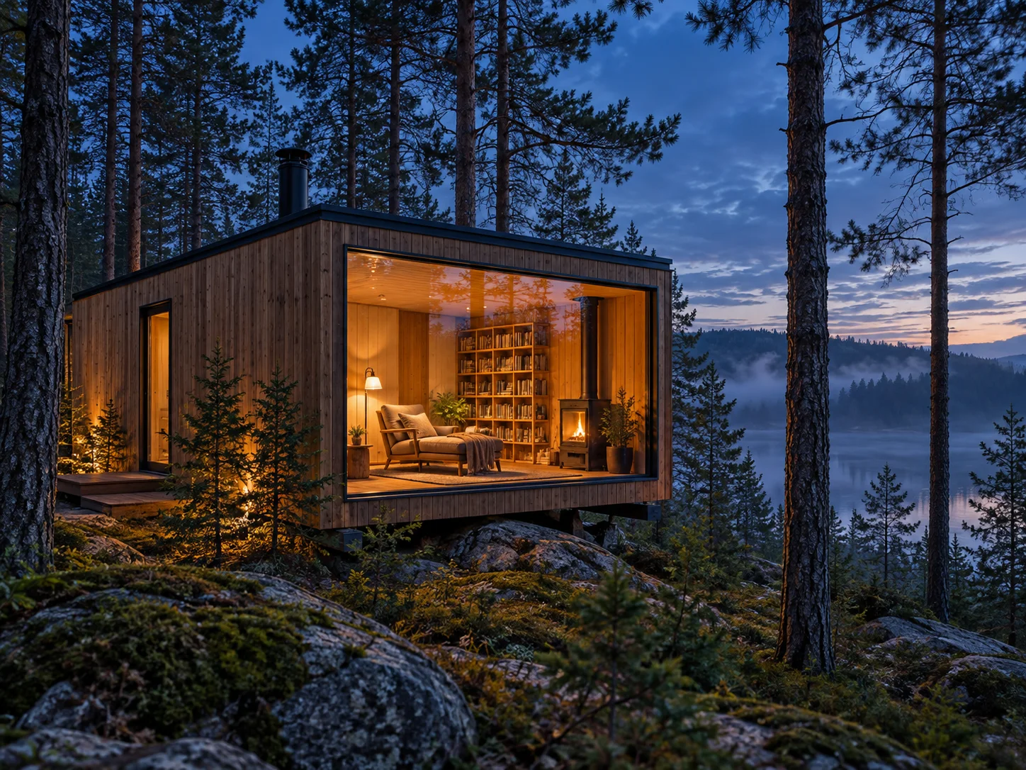 Timber reading cabin glowing in a pine forest at dusk