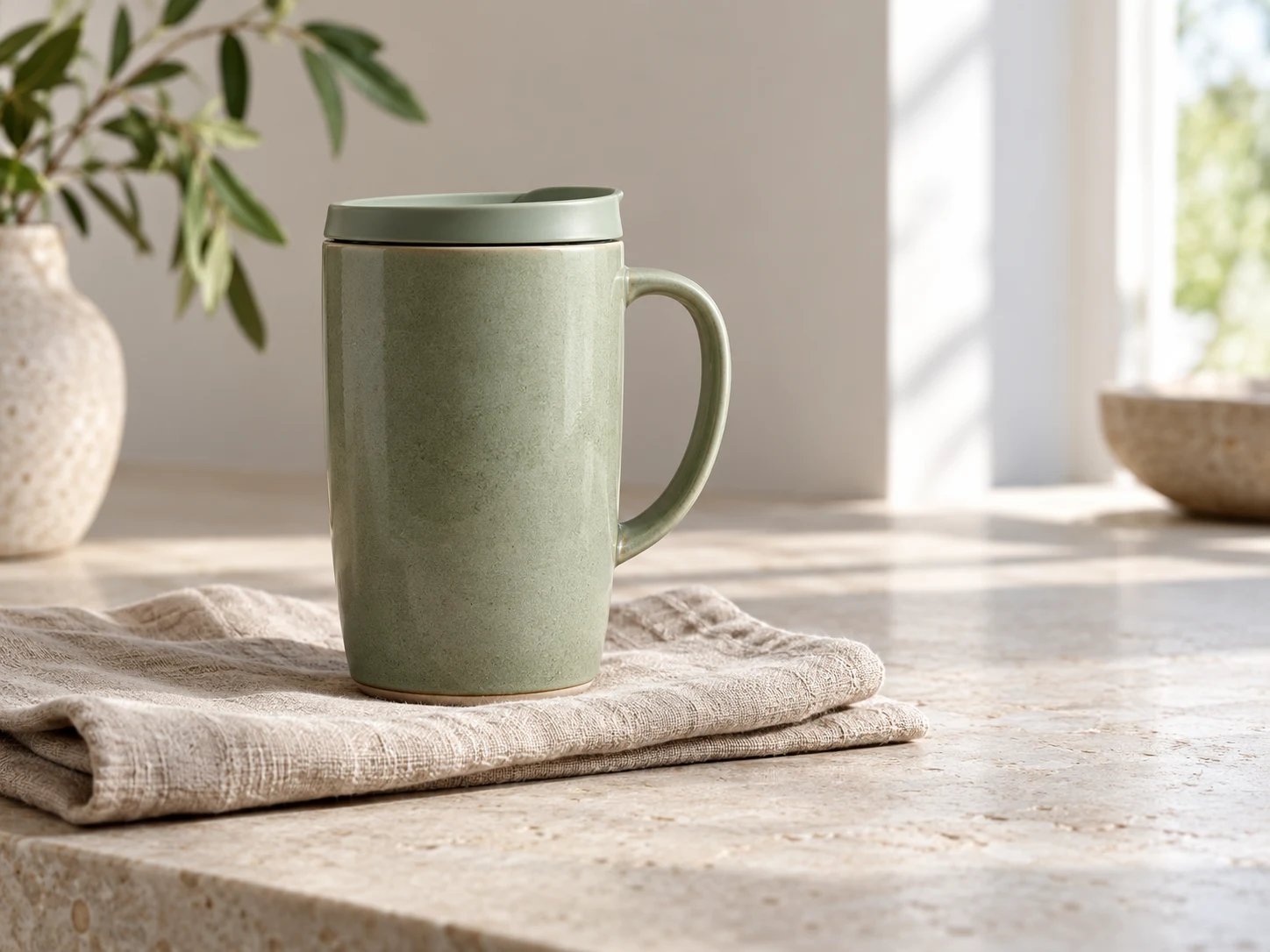 Sage-green ceramic travel tumbler on folded linen atop a pale limestone counter