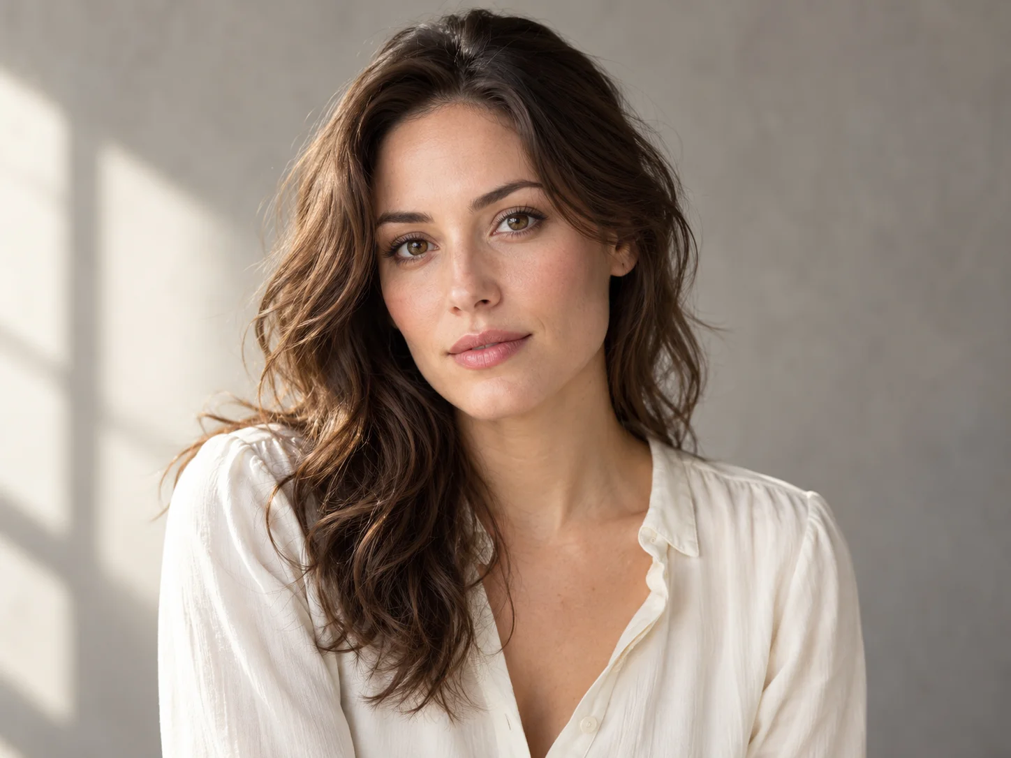 AI-generated fictional portrait showing soft window light and a warm neutral background